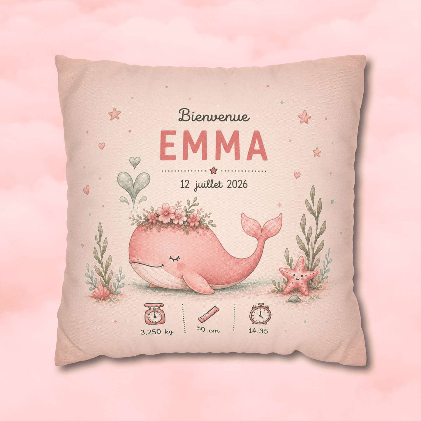 Image d'illustration du coussin personnalisé naissance pour fille.