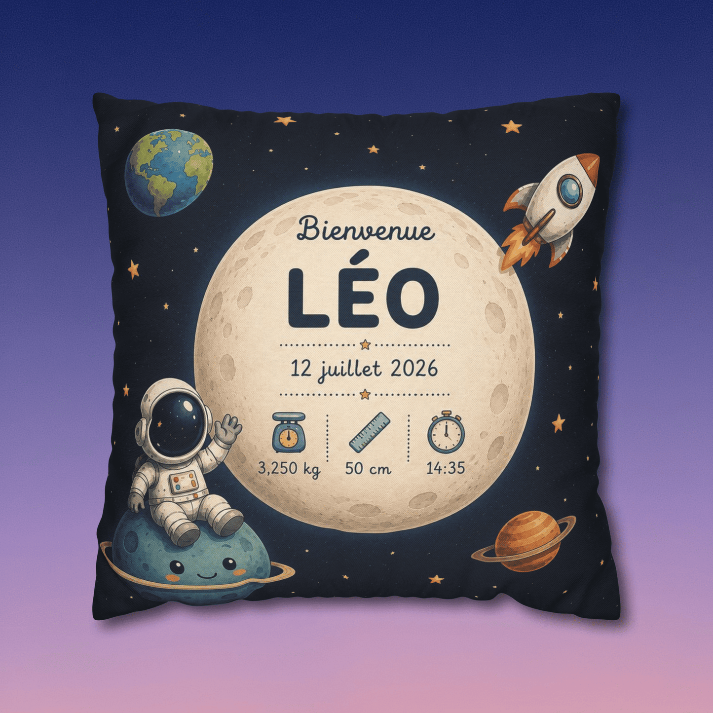 Image d'illustration du coussin personnalisé naissance garçon avec le prénom Léo.