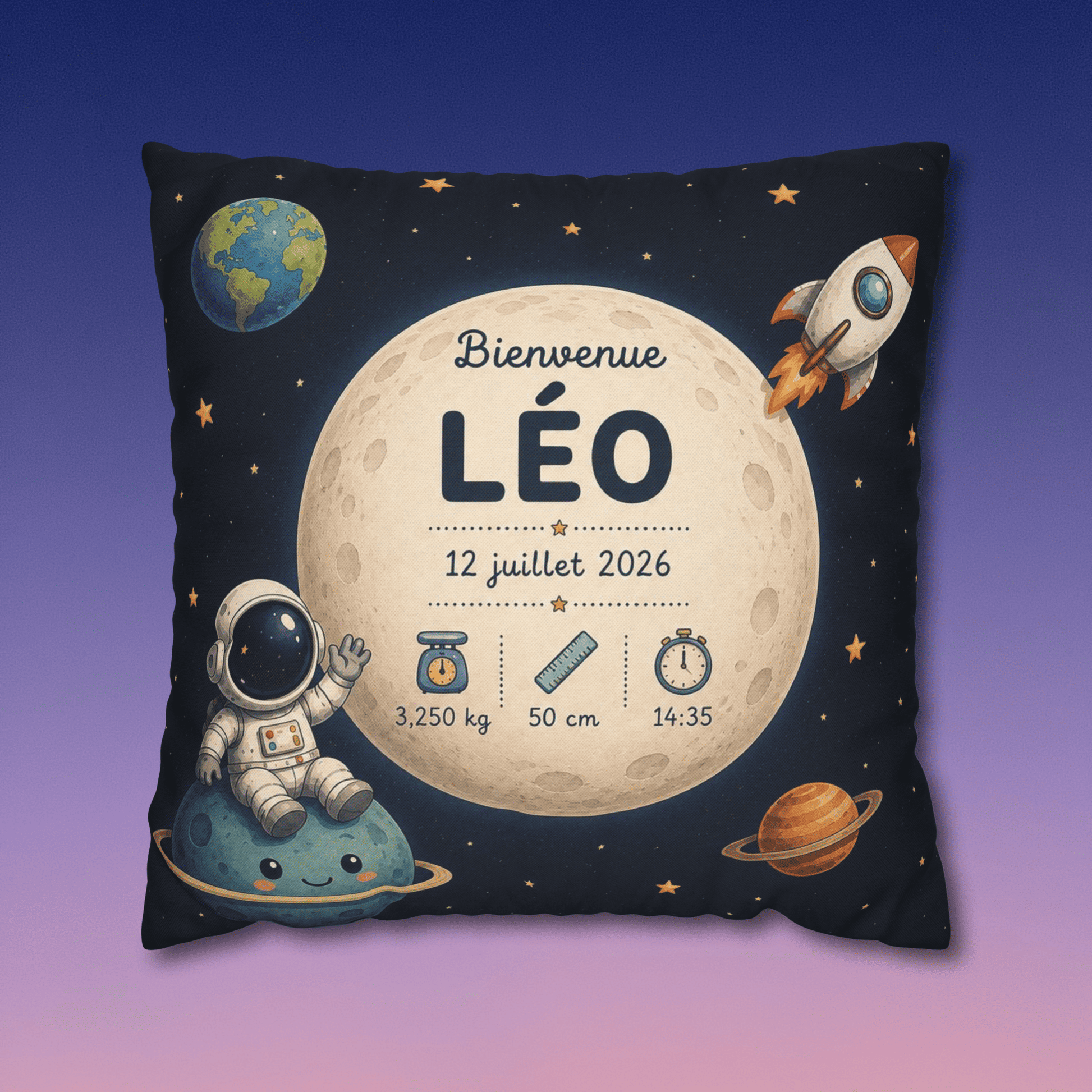 Image d'illustration du coussin personnalisé naissance garçon avec le prénom Léo.