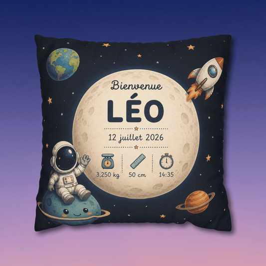 Image d'illustration du coussin personnalisé naissance garçon avec le prénom Léo.