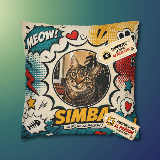 Coussin personnalisé chat avec photo et prénom