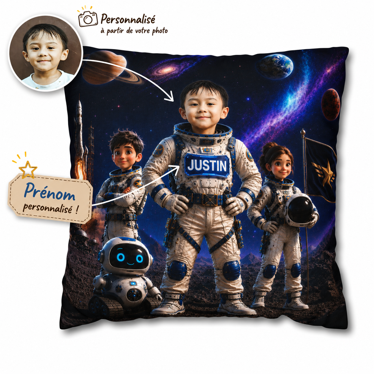 Exemple d'un coussin personnalisé astronaute avec un enfant dans le décor