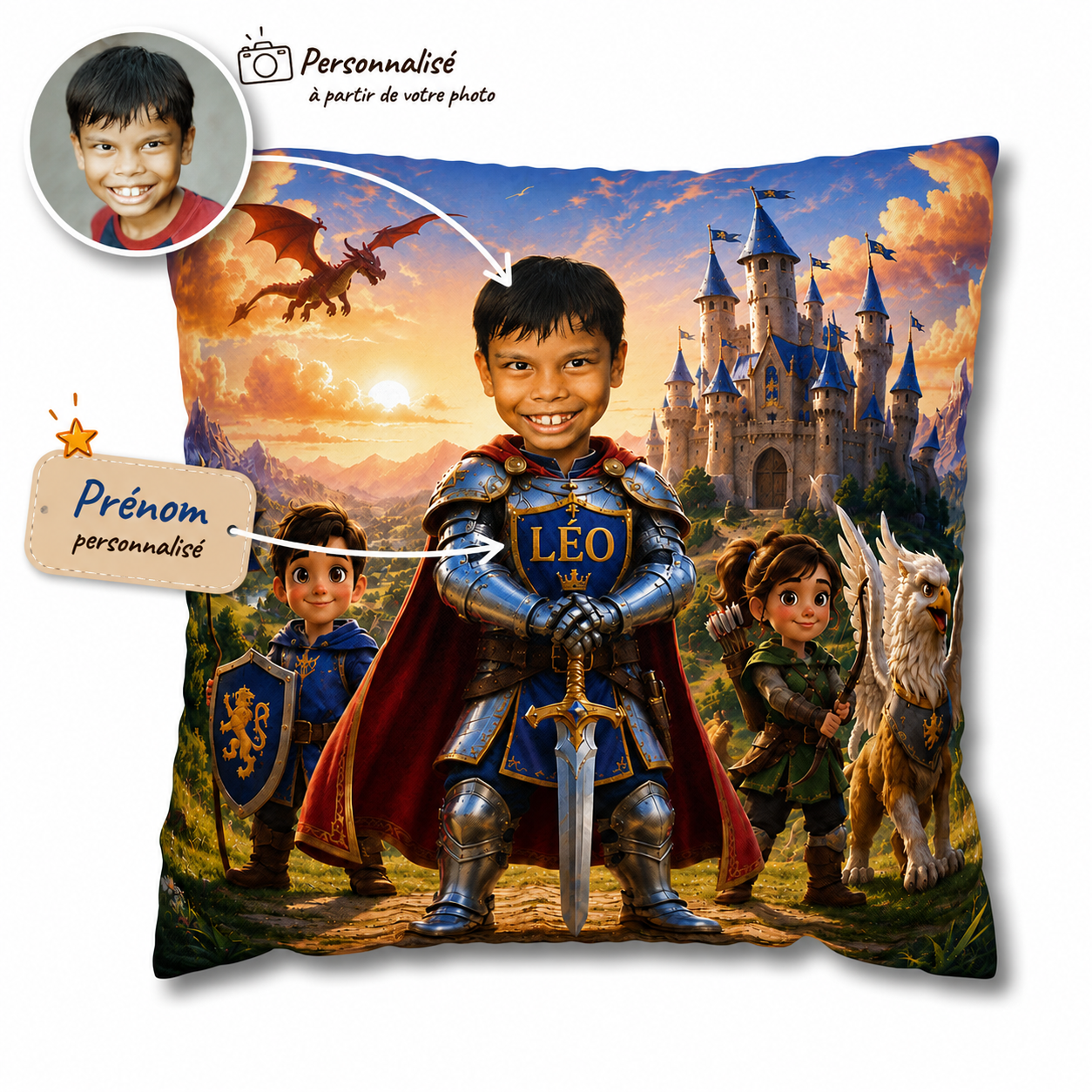 Image qui indique comment fonctionne la personnalisation du coussin chevalier