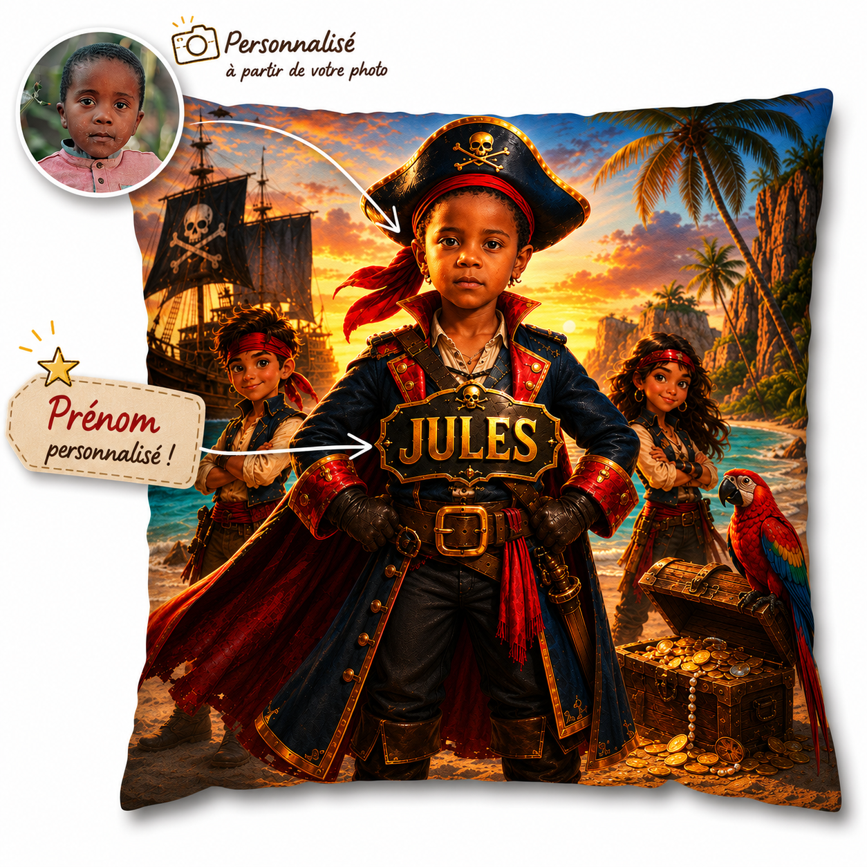 Image explicative montrant comment personnaliser le coussin pirate