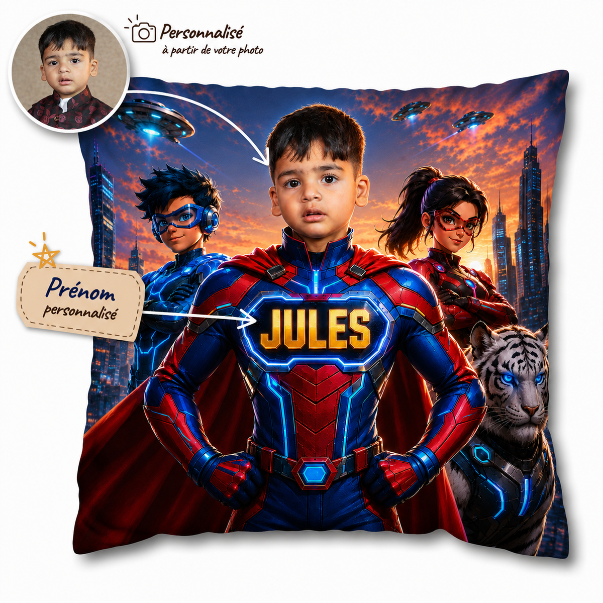 Image principale du coussin super héro expliquant comment personnaliser