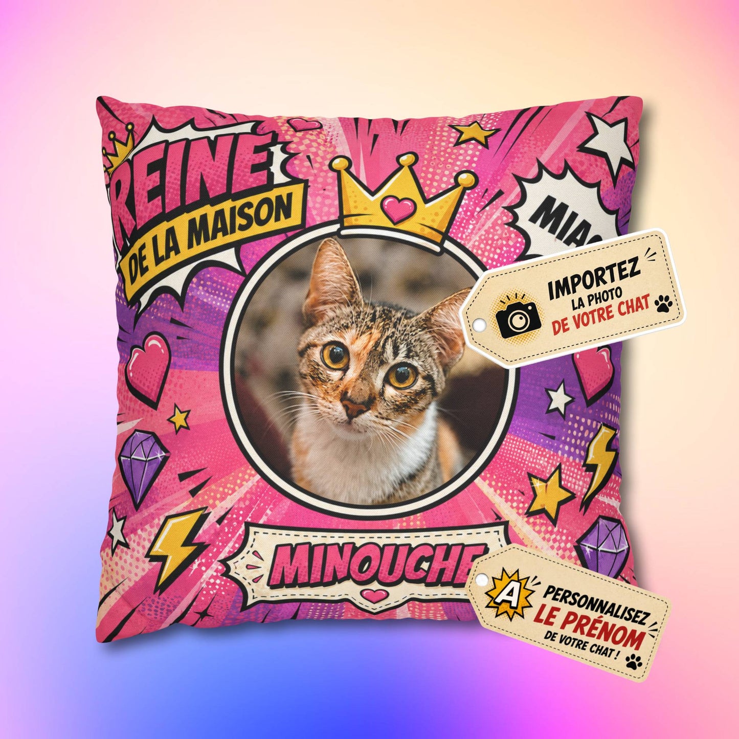 Coussin personnalisé chat avec photo et prénom